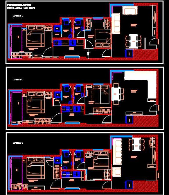 2 BHK Apartment AutoCAD Drawing with 3 Layout Options